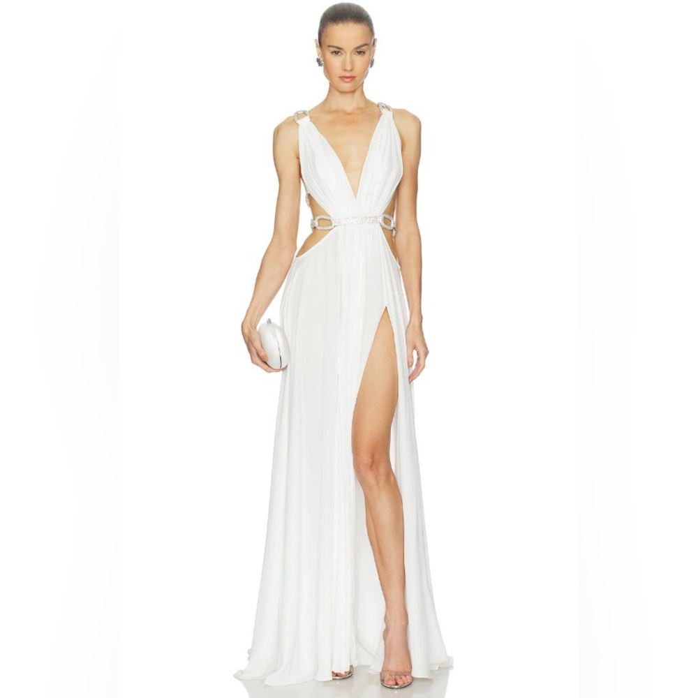 Bronx & Banco White Brielle Embellished Chain HighSlit Backless Gown S NWOT